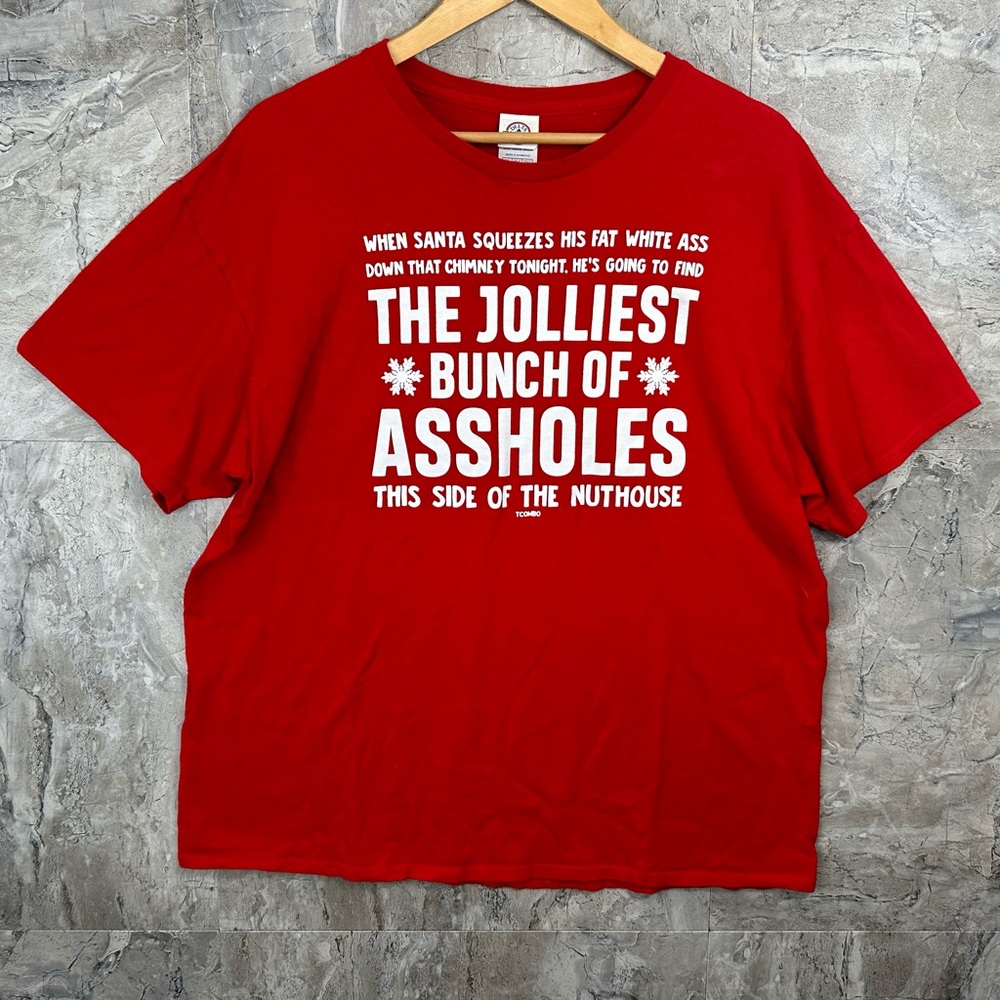 Red Graphic‎ T-Shirt jolliest , bunch of assholes Woman’s XL Santa Claus